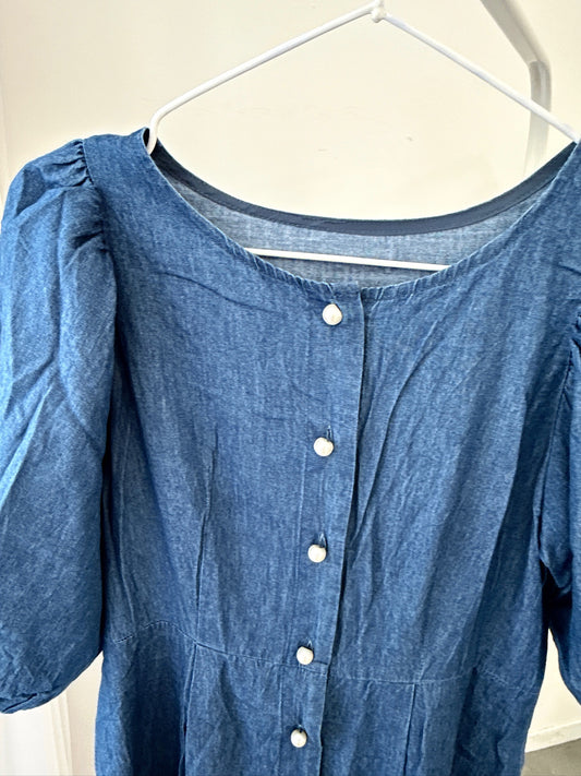 Denim Puff-Sleeve Short-Sleeve Dress