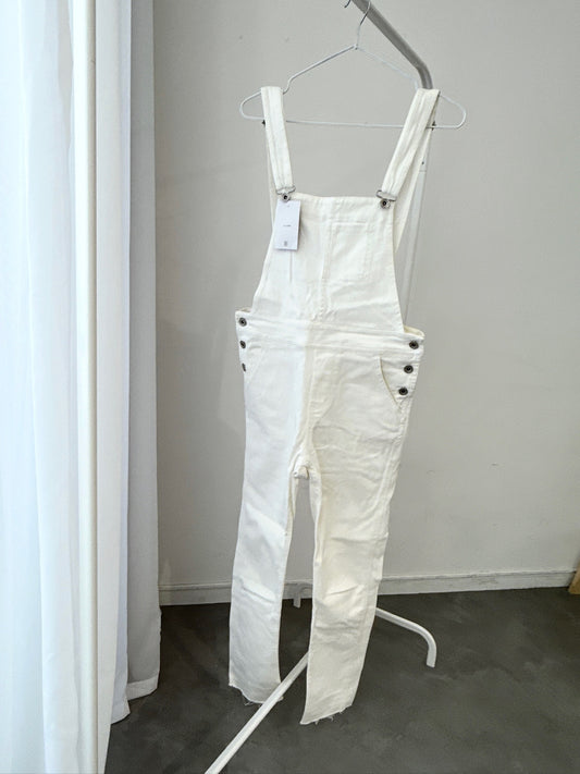 White Denim Overalls – Slim Fit with Side Button Details