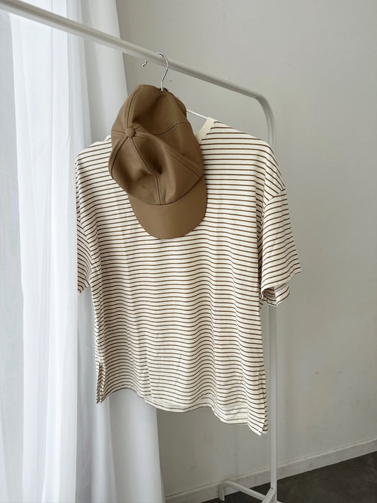 Beige Striped Short Sleeve Top – Casual Fit