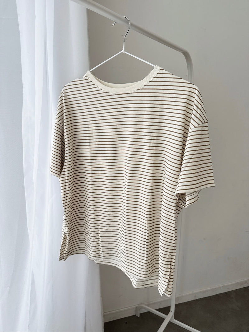 Beige Striped Short Sleeve Top – Casual Fit