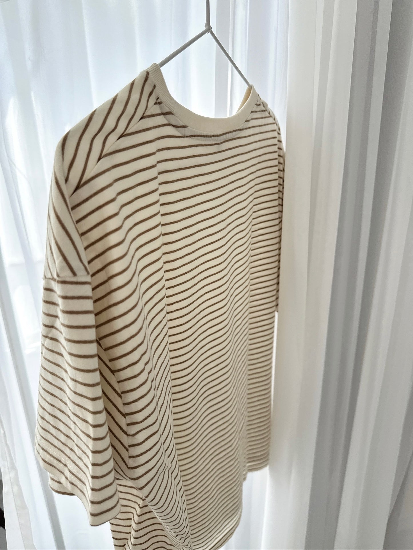 Beige Striped Short Sleeve Top – Casual Fit