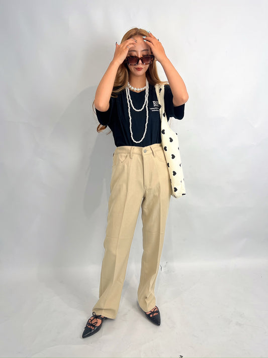 Beige High-Waisted Straight Pants – Tailored Fit