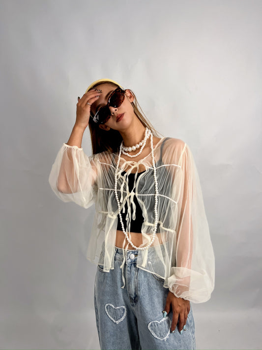 Beige Sheer 2-Way Ribbon Tie Top – Layered Style