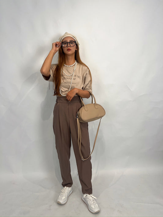 Tapered Taupe High-Waist Pants