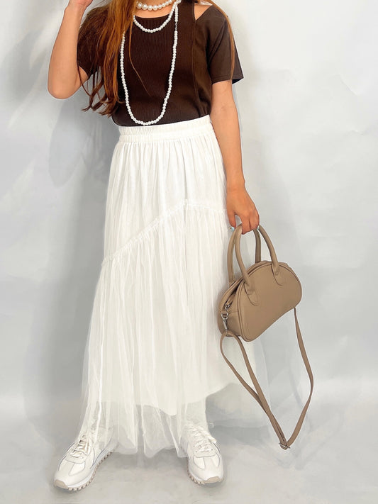 Layered White Mesh Maxi Skirt